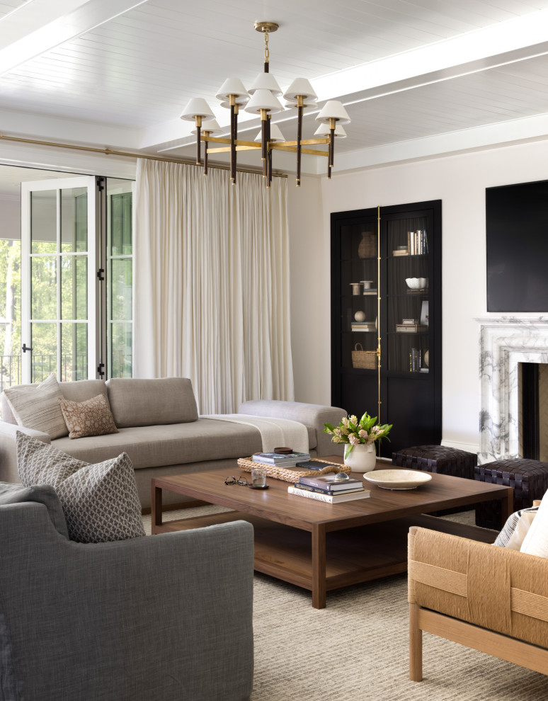 Example of a large transitional open concept medium tone wood floor, brown floor and shiplap ceiling family room design in DC Metro with white walls, a standard fireplace, a stone fireplace and a wall-mounted tv