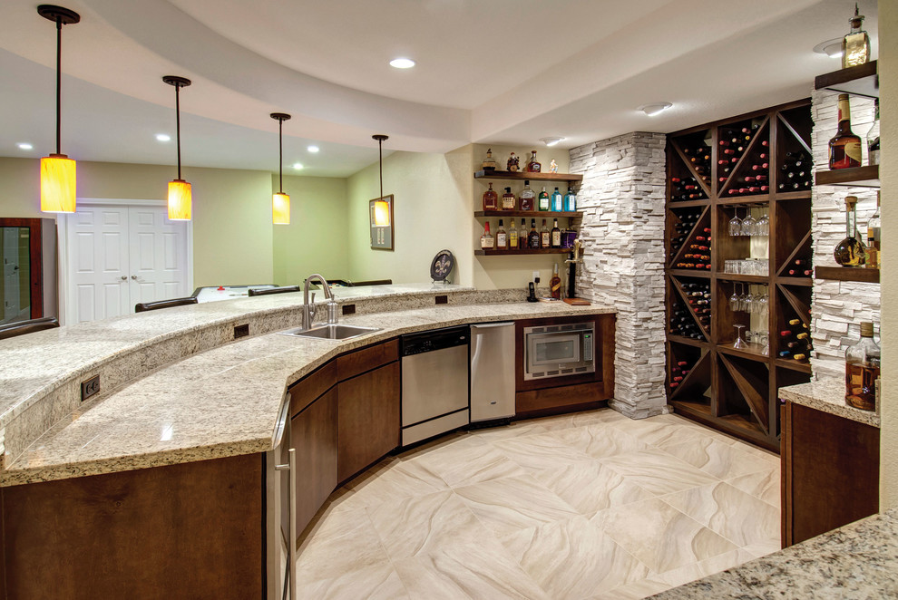 Design ideas for a large transitional look-out basement in Denver with beige walls, no fireplace, beige floor and marble floors.