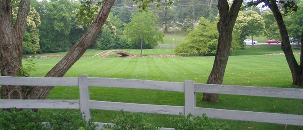 This is an example of a large partial sun side yard water fountain landscape.