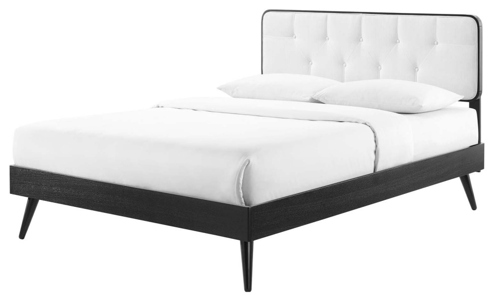 Platform Bed Frame, King Size, Wood, Black Beige, Modern Contemporary, Bedroom Midcentury