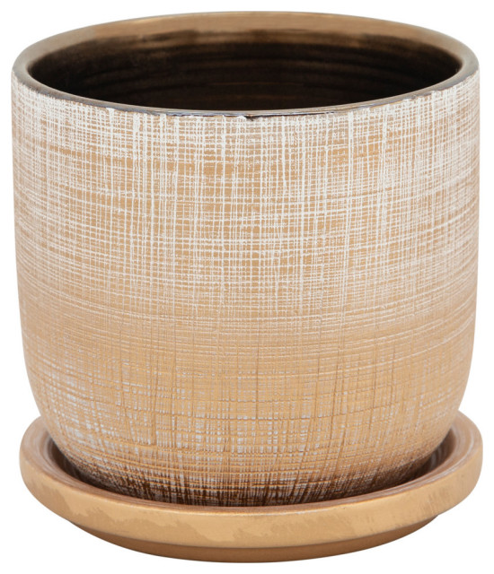 5" Textured Planter With Saucer Gold Contemporary Indoor Pots And