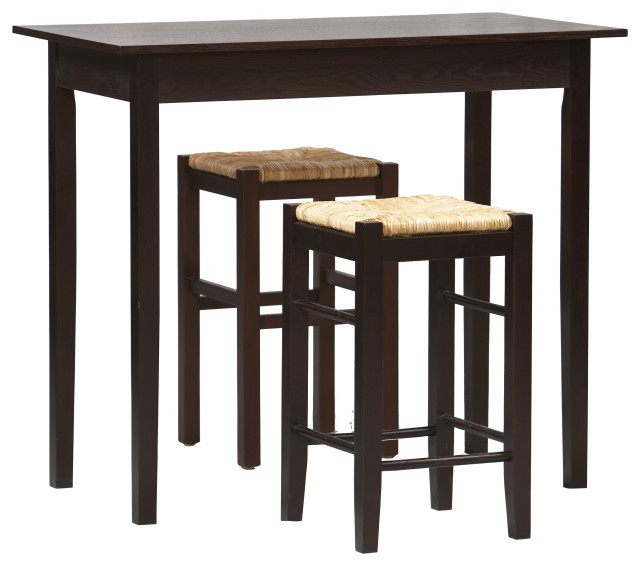 Benzara 3 Piece Wooden Counter Set with Seagrass Seat Stools, Brown and Beige