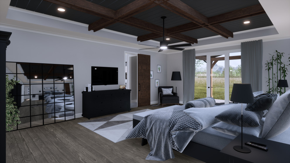 Country Hauptschlafzimmer mit grauer Wandfarbe, braunem Holzboden, braunem Boden und Kassettendecke in Atlanta