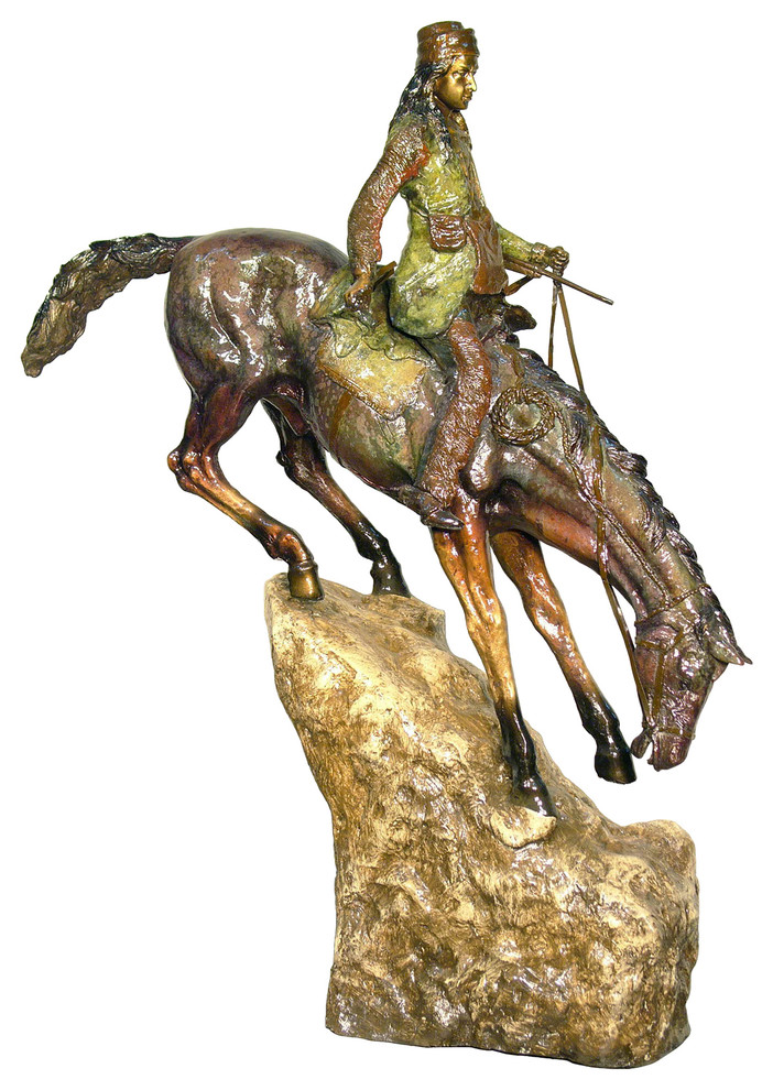 Western Rider Climbing off a Ledge Bronze Sculpture With Marble Base, Special Pa