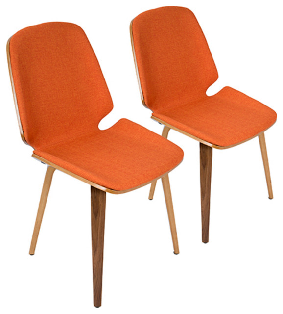 Serena MidCentury Modern Dining Chair, Walnut With Orange Fabric, Set