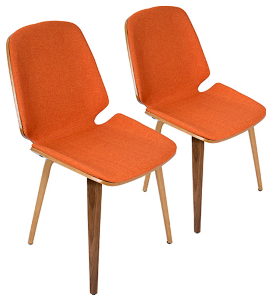 Serena MidCentury Modern Dining Chair, Walnut With Orange Fabric, Set