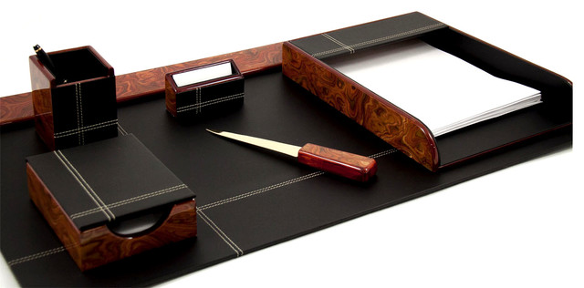 6 Piece Black Leather Desk Set Contemporary Desk Accessories