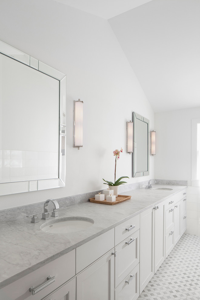This is an example of a large transitional master bathroom in Austin with shaker cabinets, white cabinets, marble benchtops, an open shower and an open shower.