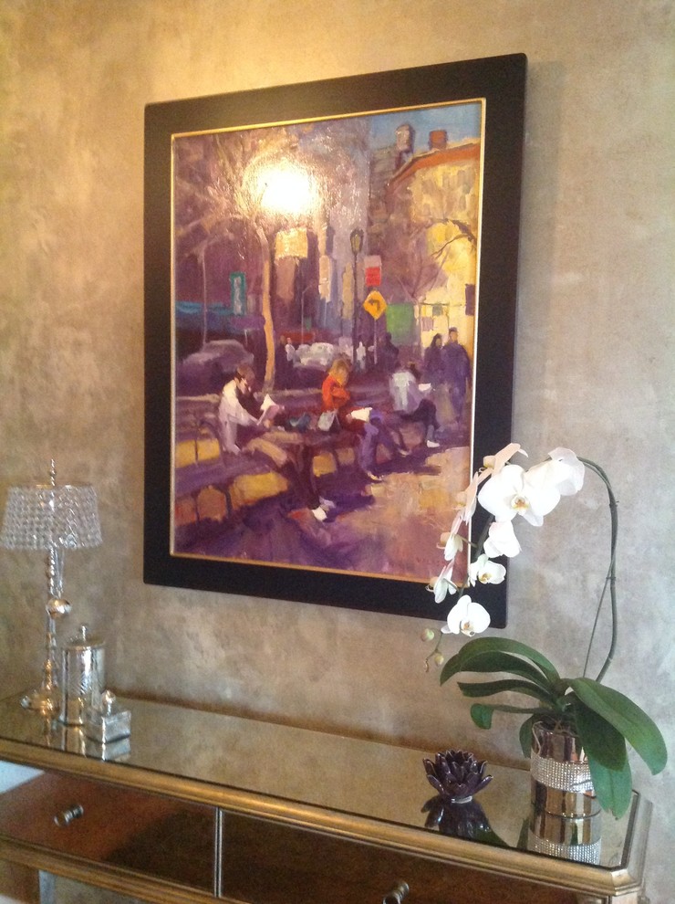 Foyer - mid-sized transitional foyer idea in Denver with metallic walls