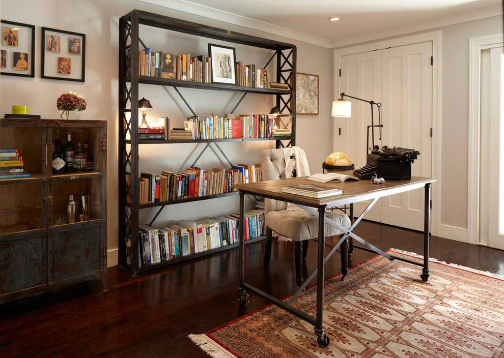 Design ideas for an eclectic home office in San Francisco with grey walls, dark hardwood floors and a freestanding desk.