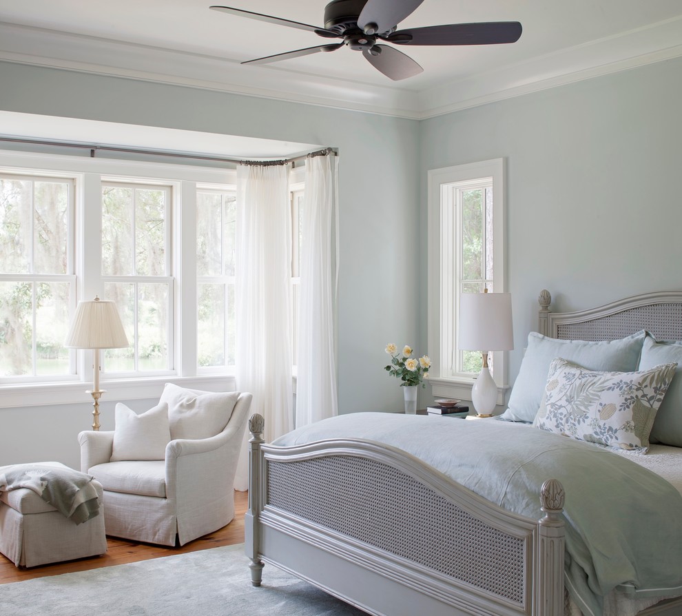 Mid-sized traditional guest bedroom in Other with blue walls and medium hardwood floors.