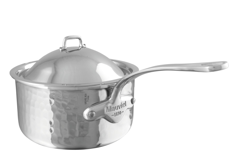 Mauviel M'Elite Hammered Sauce Pan W/ Lid & Cast Stainless Steel Handle, 1.2-qt