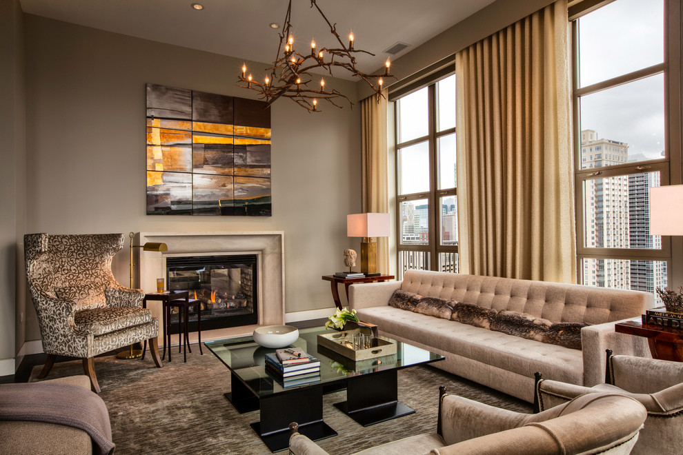This is an example of a contemporary formal living room in Chicago with grey walls, dark hardwood floors, a standard fireplace, no tv and grey floor.