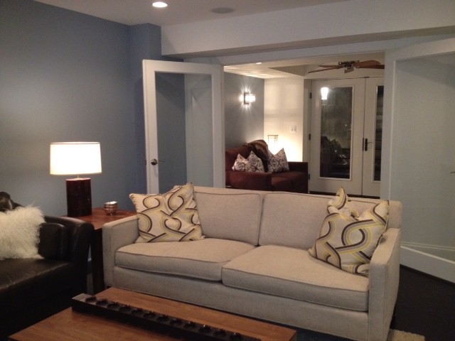 This is an example of a mid-sized contemporary fully buried basement in Baltimore with blue walls, dark hardwood floors, no fireplace and black floor.