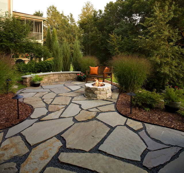 Flagstone Patio and Natural Stone Fire Pit - Traditional ...