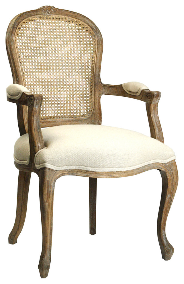 Lyon French Country Cane Back Linen Dining Arm Chair