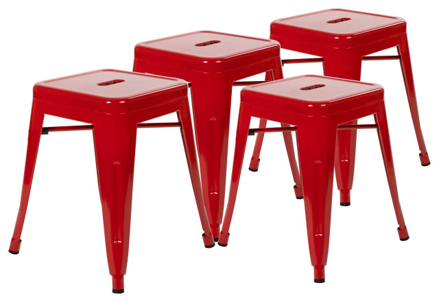 Set of 4, 18" High Backless Metal Dining Stools With Floor Glides, Red