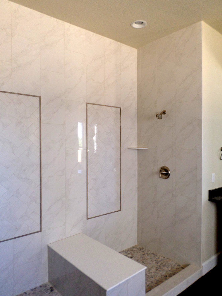 Design ideas for a mid-sized transitional master bathroom in Denver with shaker cabinets, white cabinets, a double shower, white tile, porcelain tile, beige walls, porcelain floors, engineered quartz benchtops, brown floor, a hinged shower door, grey benchtops and a double vanity.