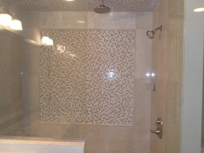 Inspiration for a transitional beige tile and mosaic tile alcove shower remodel in Chicago with beige walls