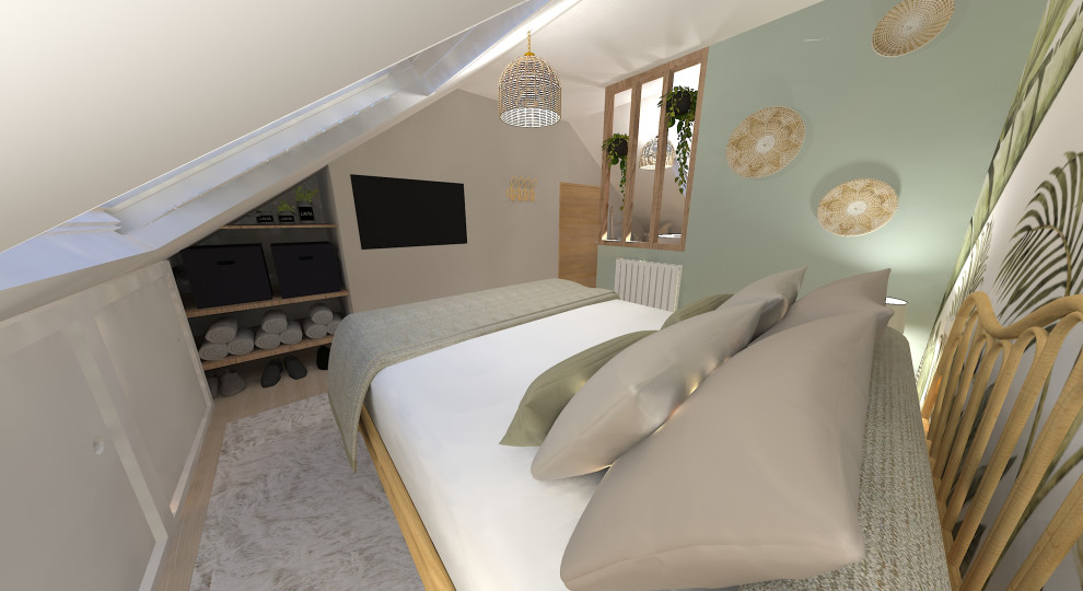 Mittelgroßes Schlafzimmer im Loft-Style mit grüner Wandfarbe, Laminat und Tapetenwänden in Bordeaux