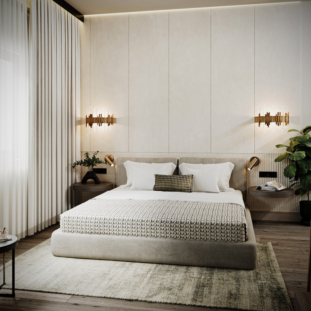This is an example of a contemporary master bedroom in West Midlands.
