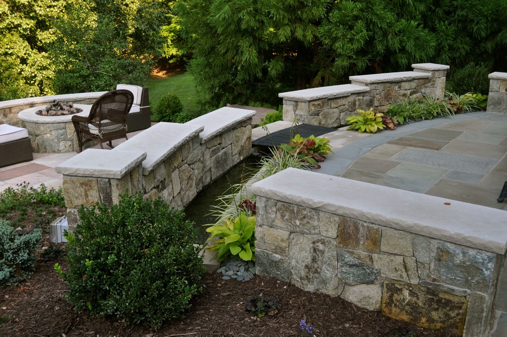 This is an example of a traditional backyard garden in DC Metro with a water feature.