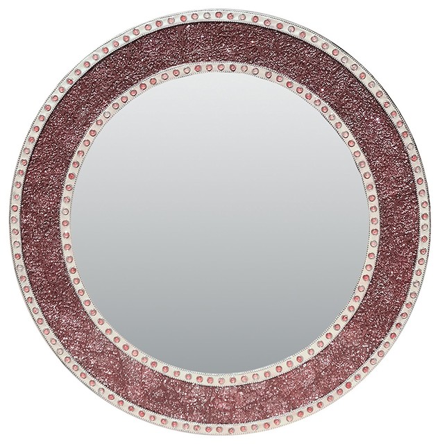 Rose Gold/Blush Framed Round Crackled Glass Mosaic Accent Wall Mirror, 24"