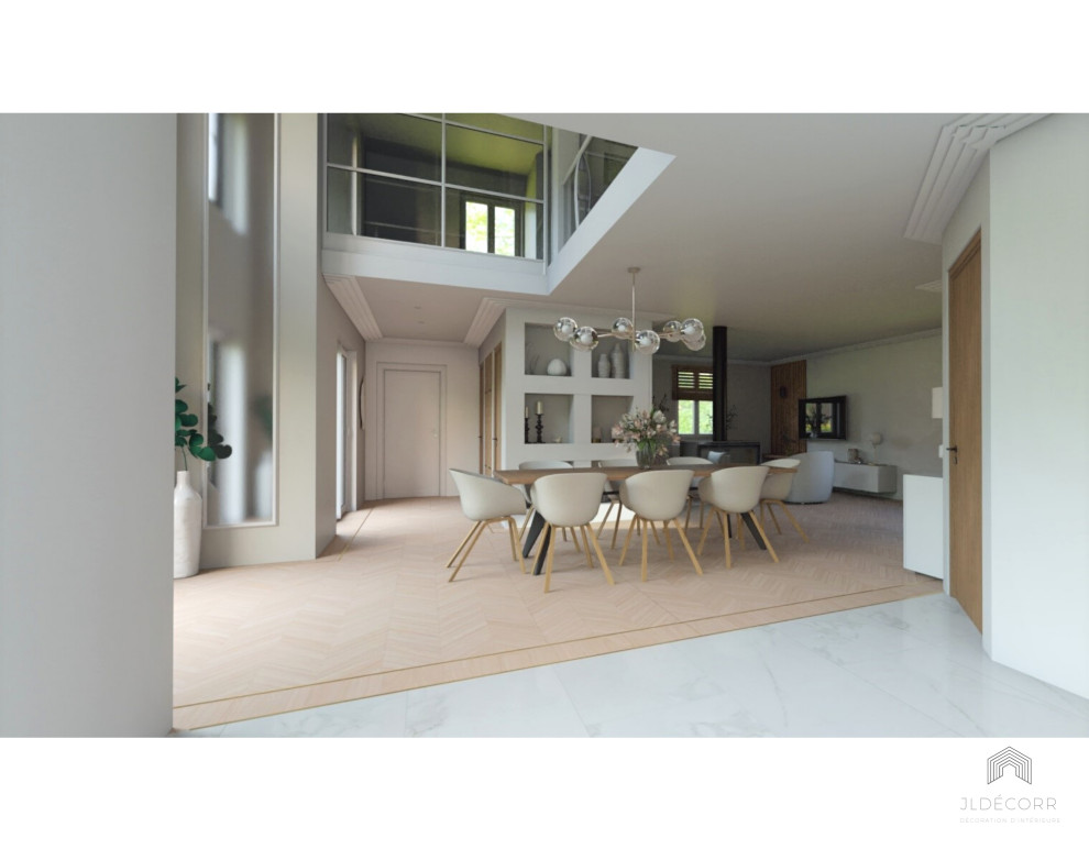 This is an example of a mid-sized transitional open plan dining in Other with white walls, marble floors, a hanging fireplace, white floor and recessed.