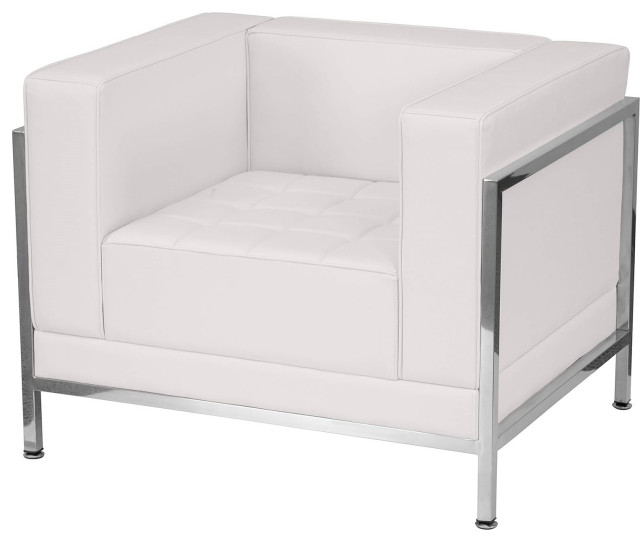 Contemporary Accent Chair, Stainless Steel Frame With Faux Leather Seat, White