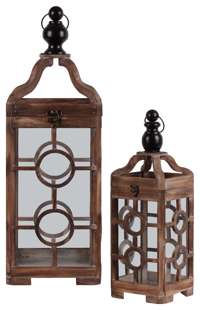 Lanterns With Finial Top, Ring Handle and Double Circle Design, 2-Piece Set