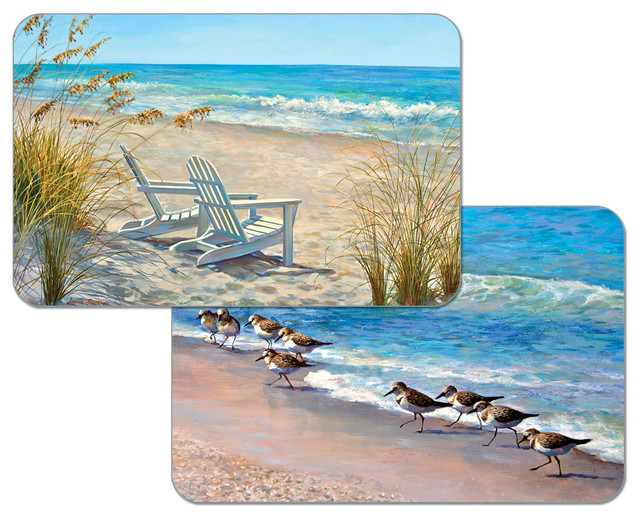 Vinyl Plastic Placemats, Reversible Beach Ocean View, Set of 4 Beach Style Placemats by J