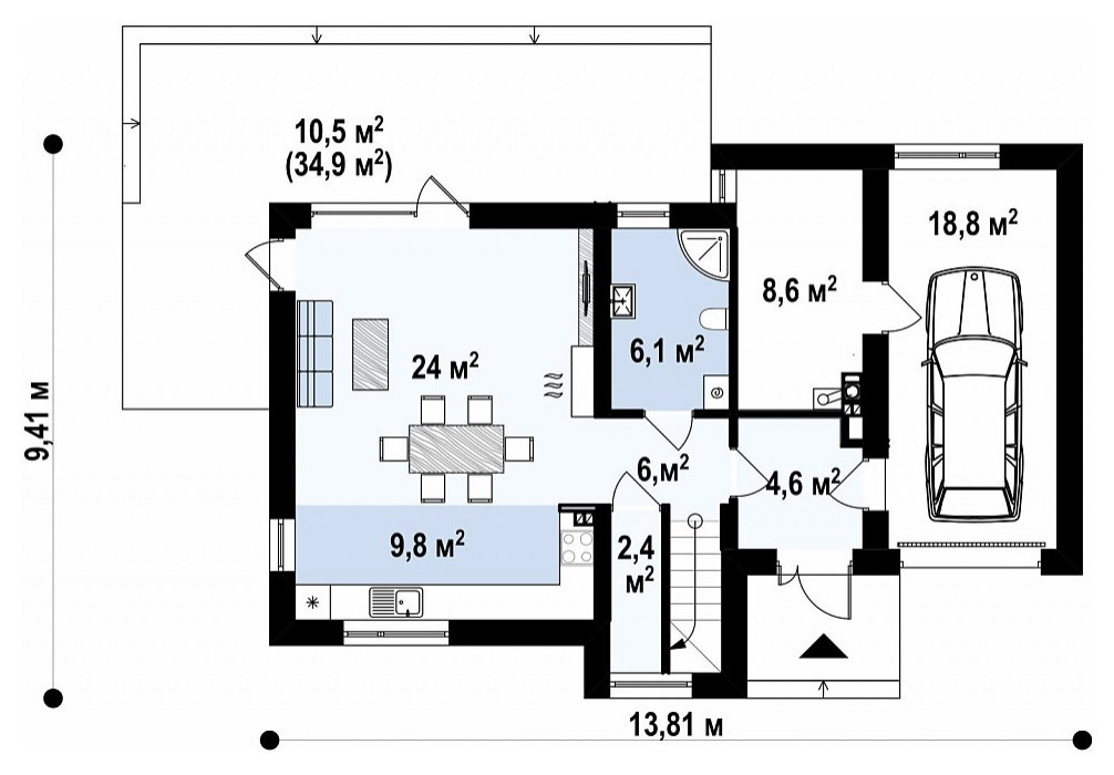 Дом с плоской кровлей и террасой