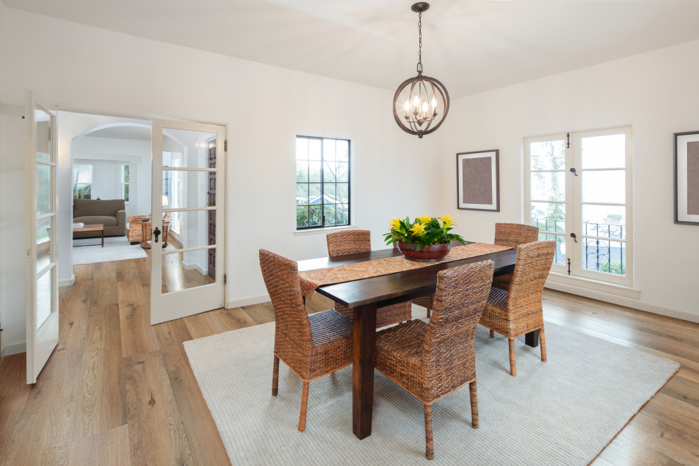 Inspiration for a timeless vinyl floor and brown floor enclosed dining room remodel in Los Angeles with white walls