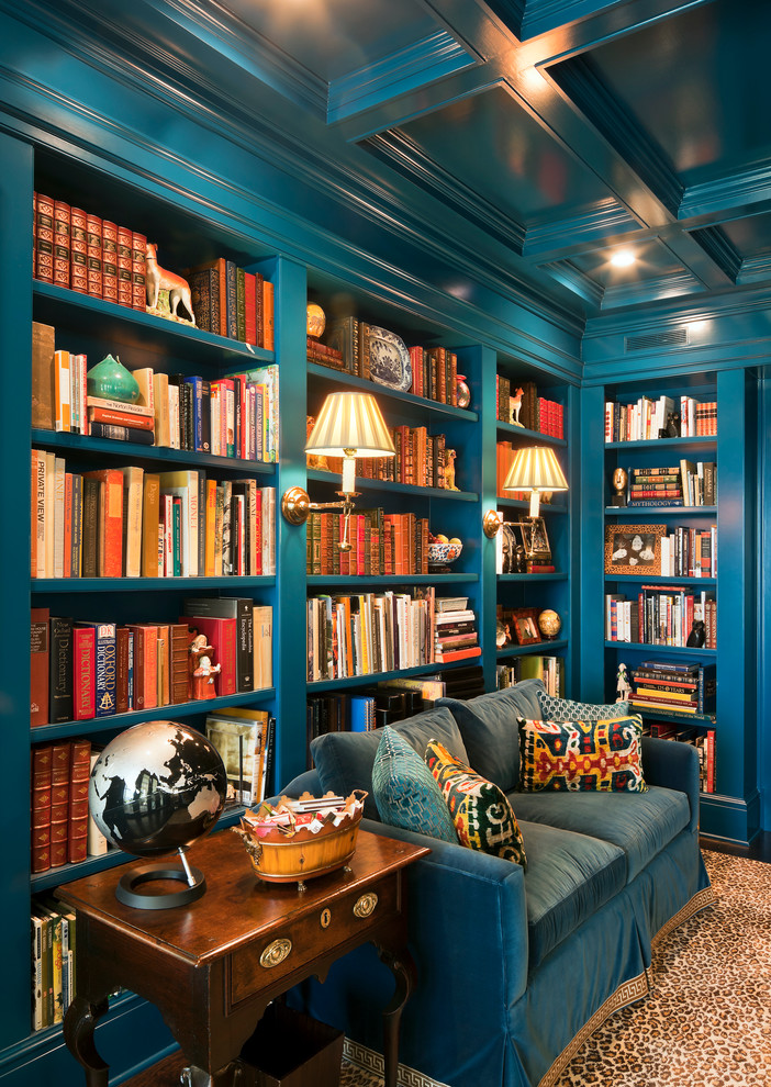 Mid-sized traditional formal enclosed living room in Jacksonville with blue walls, dark hardwood floors and a wall-mounted tv.
