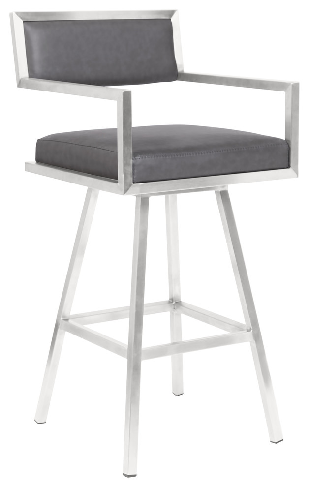 Dylan 30" Barstool, Brushed Stainless Steel and Vintage Gray Faux Leather
