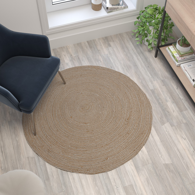 4 Foot Round Braided Design Natural Jute and Polyester Blend Indoor ...