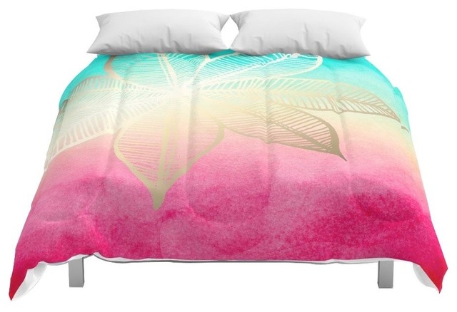 Society6 Gold Flower On Turquoise And Pink Watercolor Comforter