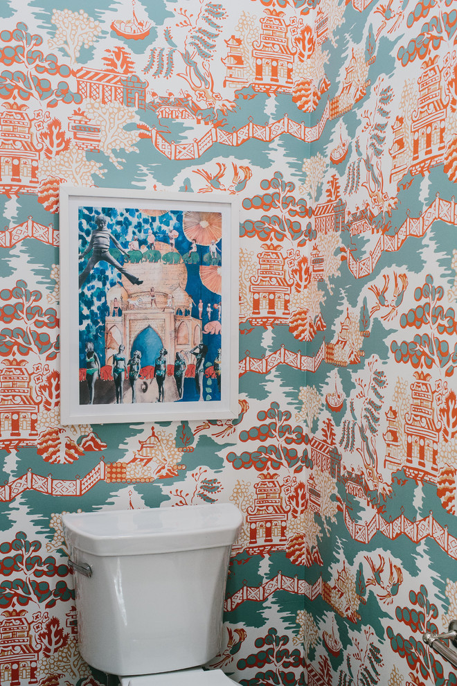Design ideas for an eclectic powder room in Atlanta with a two-piece toilet and multi-coloured walls.
