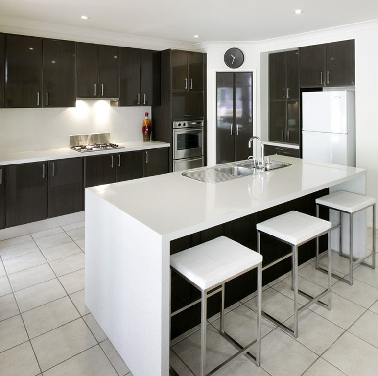 Enclosed kitchen - large transitional l-shaped enclosed kitchen idea in DC Metro with flat-panel cabinets, black cabinets and an island