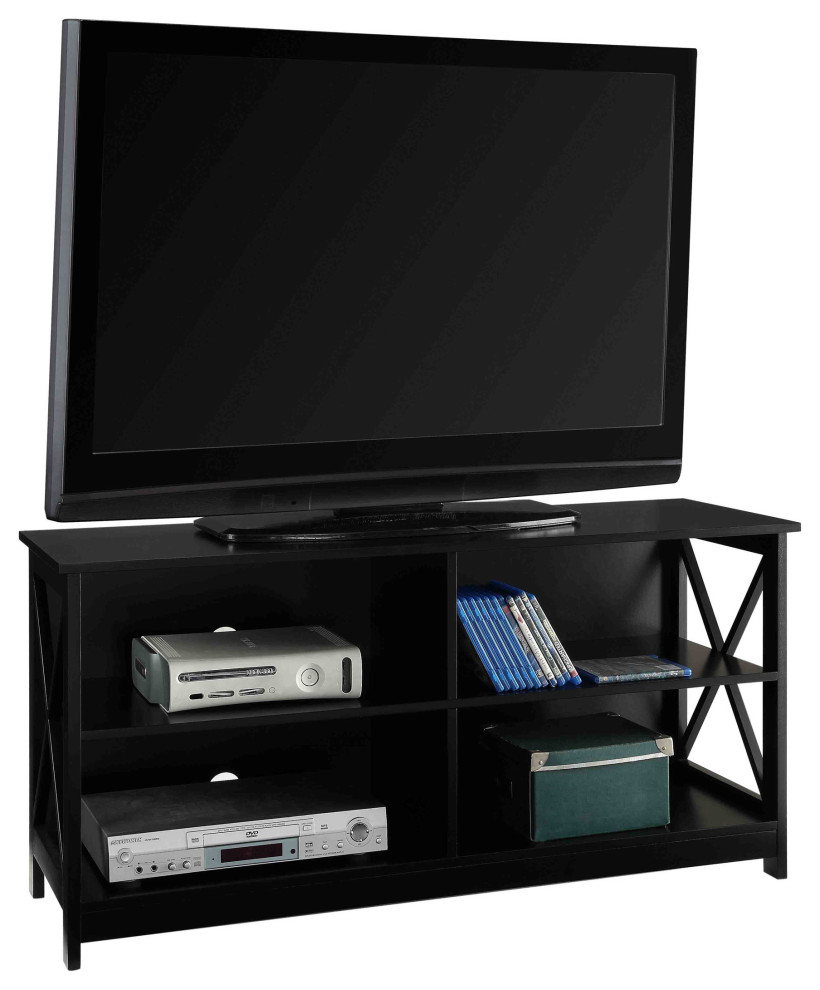 Convenience Concepts Oxford TV Stand in Black Wood Finish with Shelves