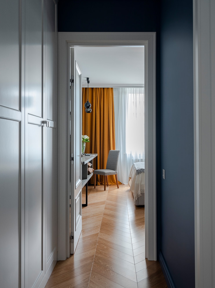 Design ideas for a mid-sized hallway in Moscow with blue walls, medium hardwood floors and brown floor.