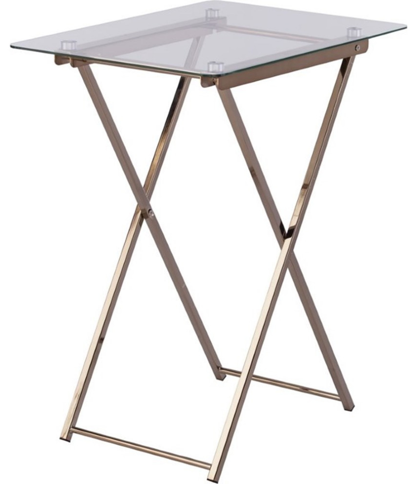 Pemberly Row Folding Glass Top Tray Table in Champagne Copper