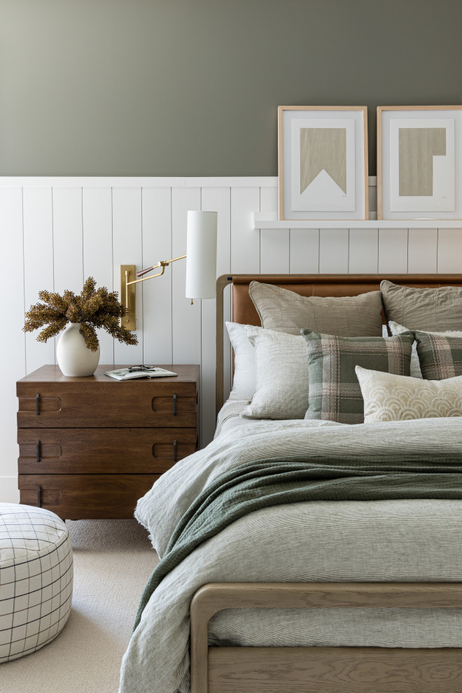 Flint Hills - Example of a transitional carpeted, beige floor and wainscoting bedroom design in Orange County with green walls