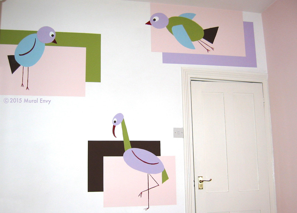 Design ideas for a mid-sized transitional kids' room for girls in London with pink walls.