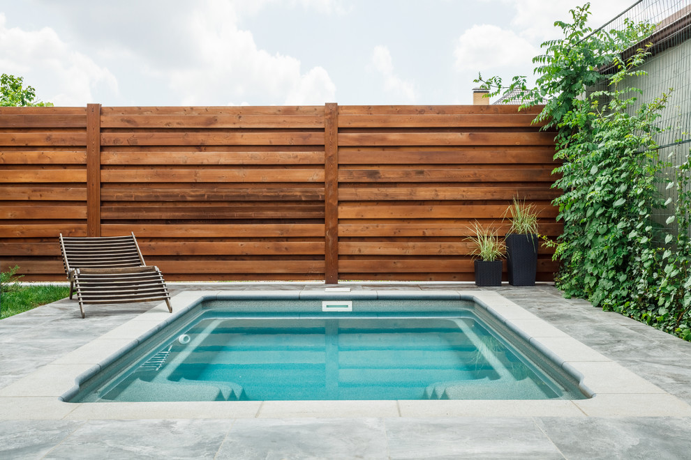 Design ideas for a contemporary backyard rectangular pool in Other with tile.