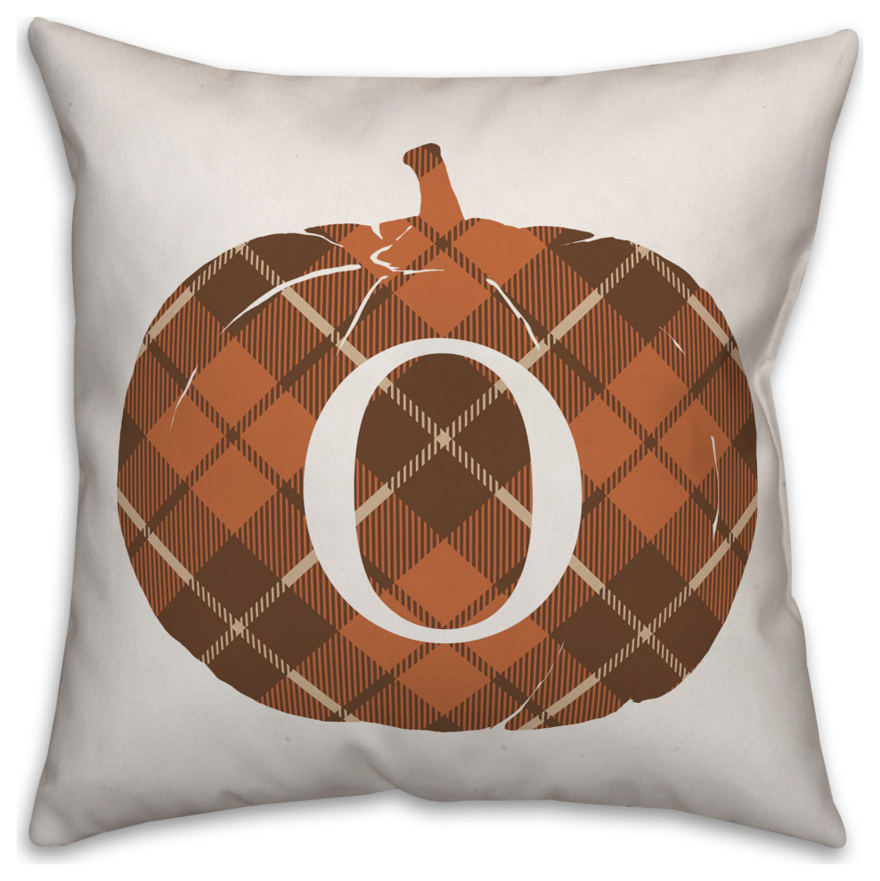 Plaid Pumpkin Monogram O 18x18 Spun Poly Pillow