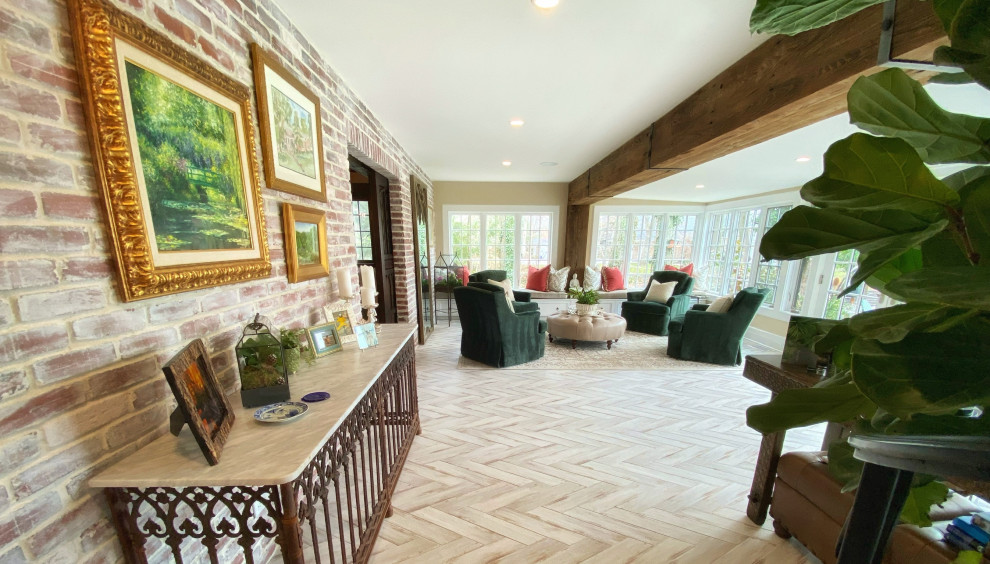 This is an example of a large bohemian conservatory in New York with porcelain flooring, no fireplace, a standard ceiling and white floors.