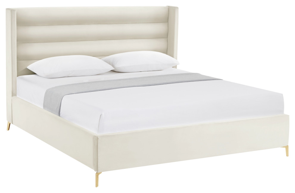 Inspired Home Alessio Bed, Upholstered, Cream White Velvet Queen