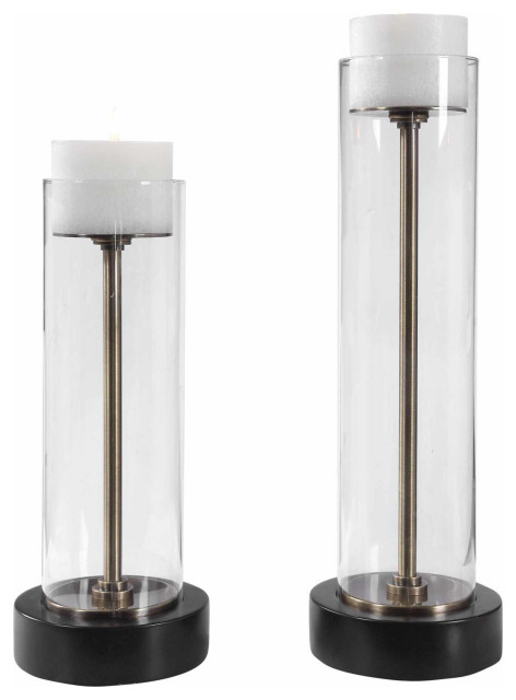 Uttermost 17552 Charvi 2 Piece Glass and Steel Pillar Candlestick - Aged Brass