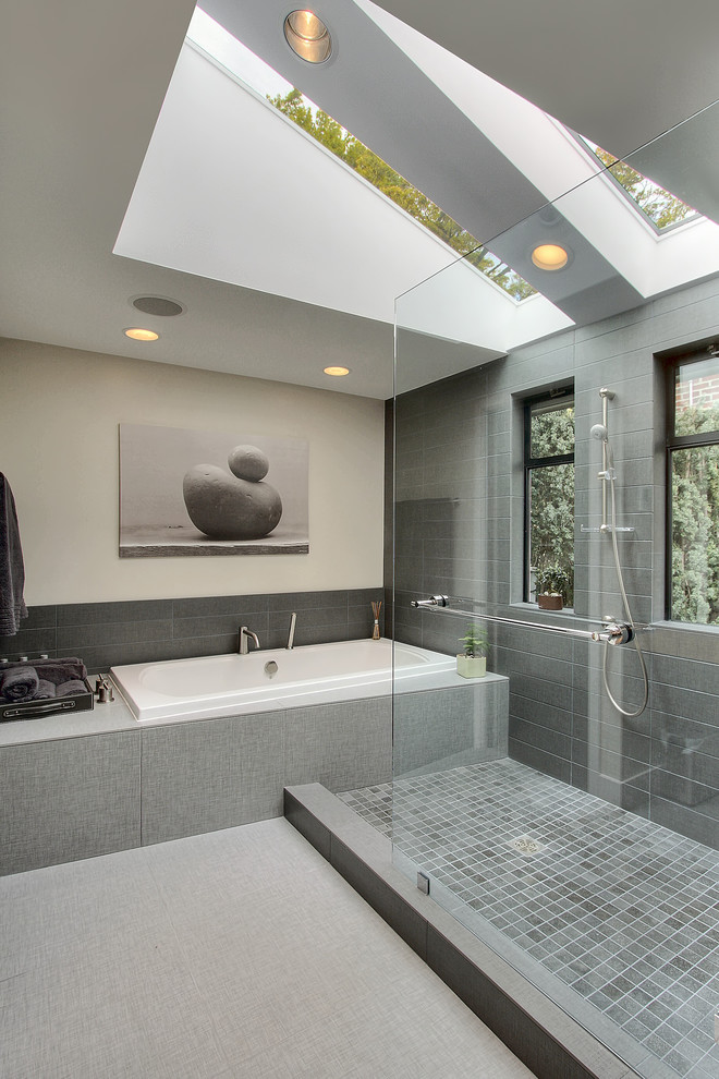 Contemporary bathroom in Seattle with a drop-in tub, an open shower and an open shower.